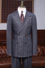 Generous Dark Gray Striped Double Breasted Peaked Lapel Business Suit