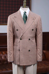 Generous Rufous Double-Breasted Peaked Lapel Plaid Prom Suit