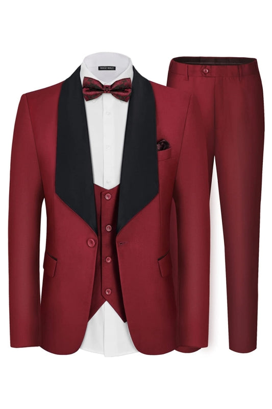 Fashionable Burgundy Shawl Collar Three-Piece Groom's Wedding Suit