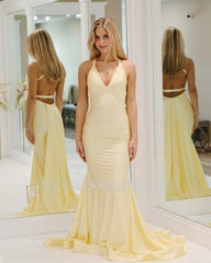 Girly Daffodil V-Neck Sleeveless Mermaid Prom Dress with Open Back