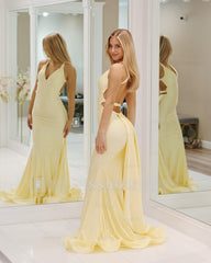 Girly Daffodil V-Neck Sleeveless Mermaid Prom Dress with Open Back