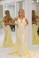 Girly Daffodil V-Neck Sleeveless Mermaid Prom Dress with Open Back