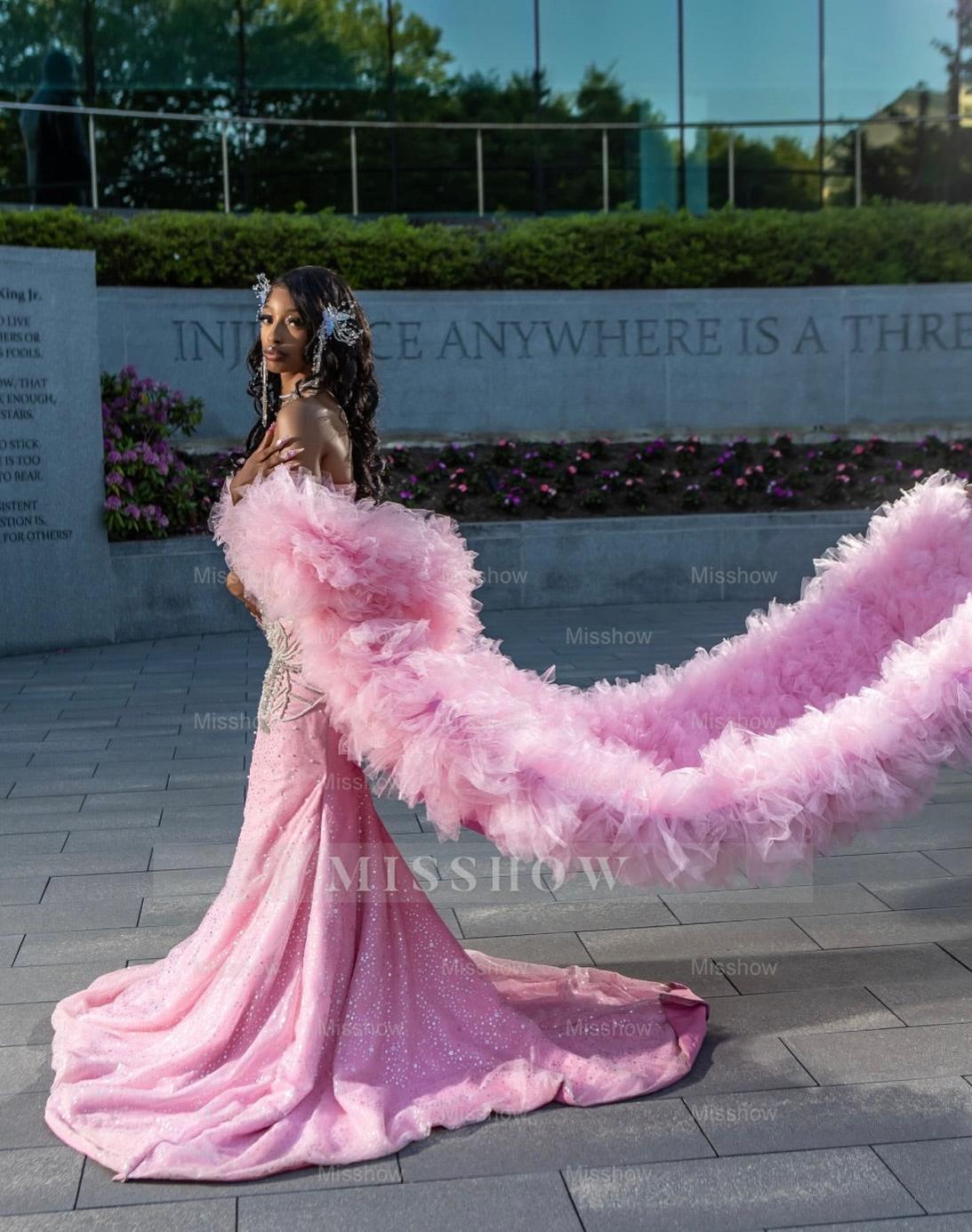 Girly Long Pink Sweetheart Sleeveless Mermaid Sequined Prom Dress with Rhinestones and Detachable Train