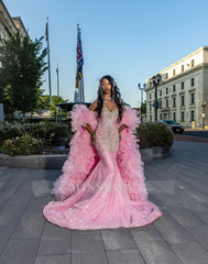 Girly Long Pink Sweetheart Sleeveless Mermaid Sequined Prom Dress with Rhinestones and Detachable Train
