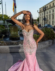 Girly Long Pink Sweetheart Sleeveless Mermaid Sequined Prom Dress with Rhinestones and Detachable Train