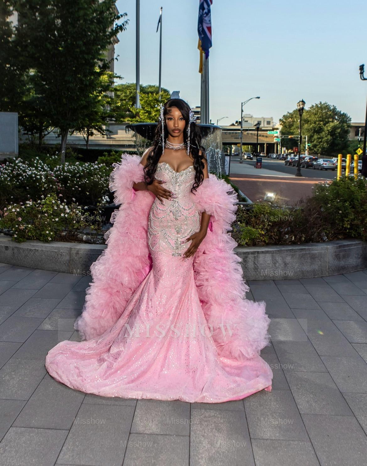 Girly Long Pink Sweetheart Sleeveless Mermaid Sequined Prom Dress with Rhinestones and Detachable Train