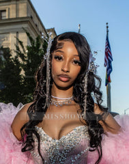 Girly Long Pink Sweetheart Sleeveless Mermaid Sequined Prom Dress with Rhinestones and Detachable Train