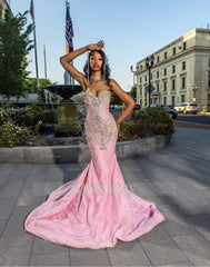 Girly Long Pink Sweetheart Sleeveless Mermaid Sequined Prom Dress with Rhinestones and Detachable Train