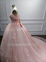Girly Pink Off-The-Shoulder Lace Ball Gown Prom Dress with Cathedral Train and Bow
