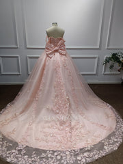 Girly Pink Off-The-Shoulder Lace Ball Gown Prom Dress with Cathedral Train and Bow