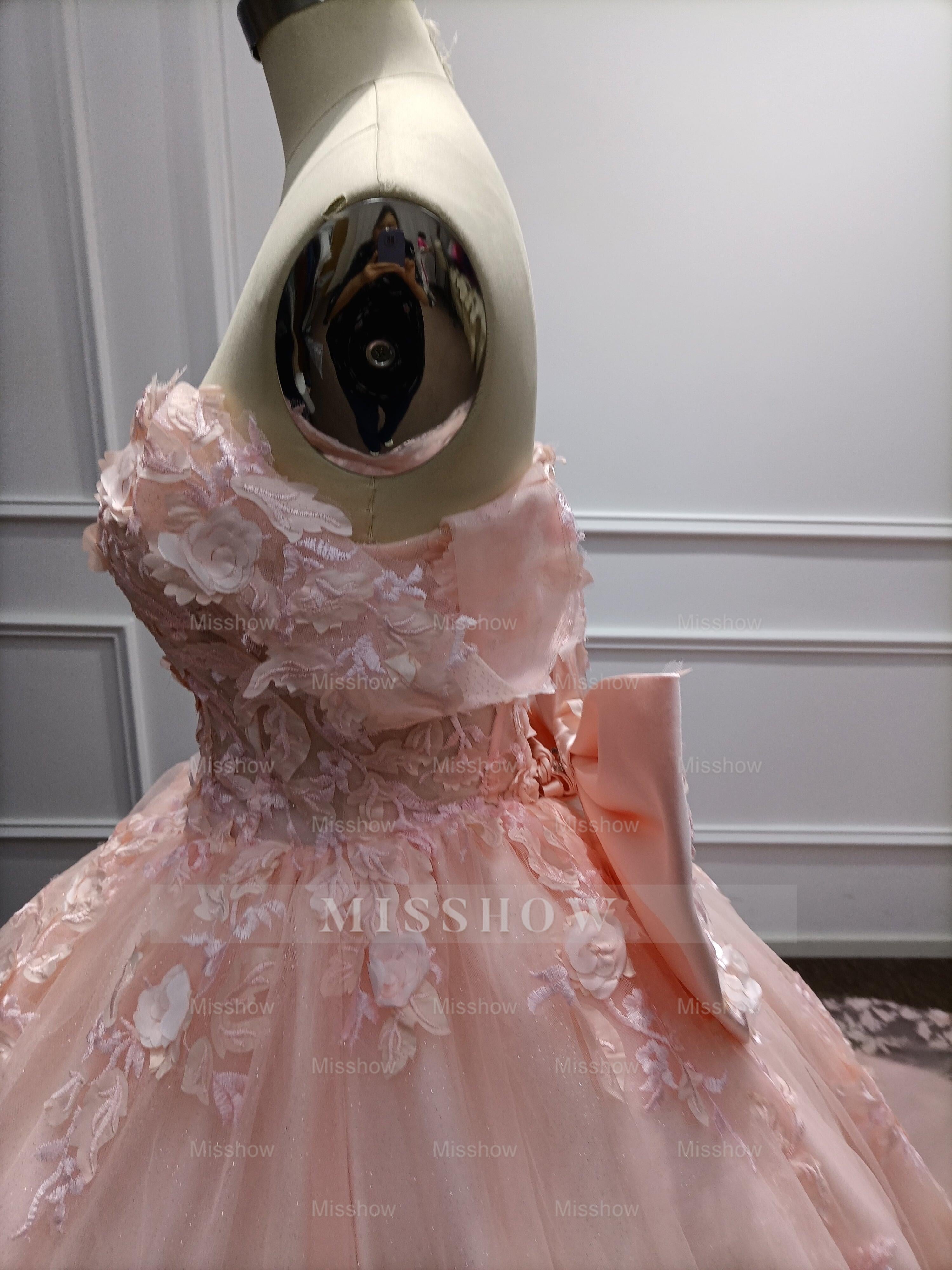 Girly Pink Off-The-Shoulder Lace Ball Gown Prom Dress with Cathedral Train and Bow