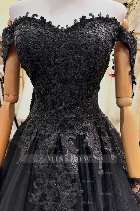 Glamorous Black Off-The -Shoulder Sleeveless Ball Gown Wedding Dress with Beads and Appliques