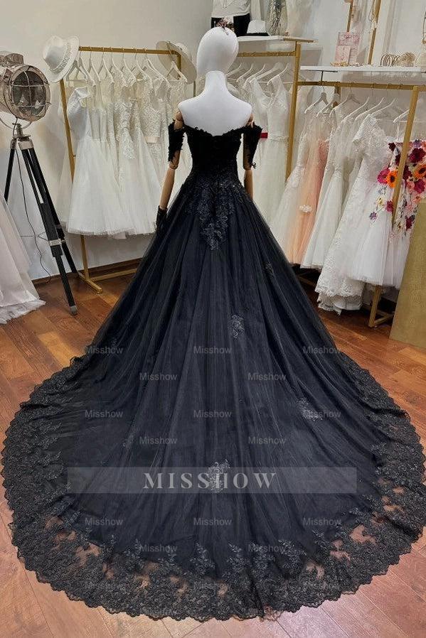 Glamorous Black Off-The -Shoulder Sleeveless Ball Gown Wedding Dress with Beads and Appliques