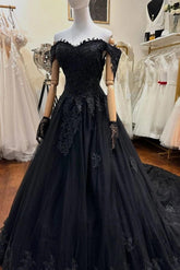 Glamorous Black Off-The -Shoulder Sleeveless Ball Gown Wedding Dress with Beads and Appliques