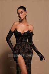 Glamorous Black Strapless Embroidery Long Split Formal Dress With Gloves