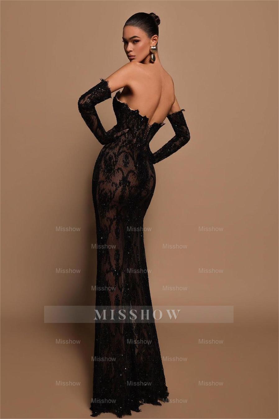Glamorous Black Strapless Embroidery Long Split Formal Dress With Gloves