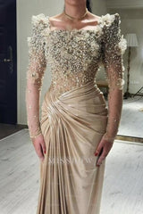 Glamorous Champagne Mermaid Square Beaded Long Sleeve Ruffle Satin Evening Dresses With Pearls And Handmake Flowers