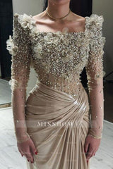 Glamorous Champagne Mermaid Square Beaded Long Sleeve Ruffle Satin Evening Dresses With Pearls And Handmake Flowers