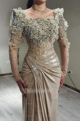 Glamorous Champagne Mermaid Square Beaded Long Sleeve Ruffle Satin Evening Dresses With Pearls And Handmake Flowers