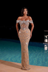 Glamorous Champagne Off-The-Shoulder Floor-Length Lace Mermaid Evening Dress with Rhinestones