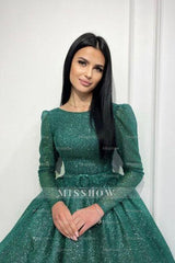 Glamorous Dark Green A-line Sequined Ankle Length Prom Evening Dresses with Long Sleeves