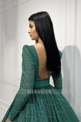 Glamorous Dark Green A-line Sequined Ankle Length Prom Evening Dresses with Long Sleeves