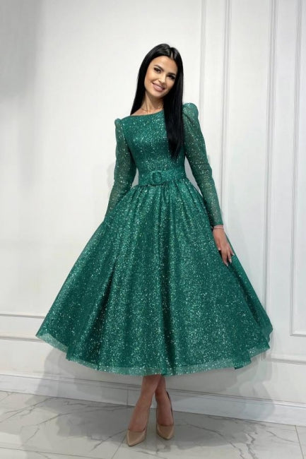 Glamorous Dark Green A-line Sequined Ankle Length Prom Evening Dresses with Long Sleeves