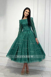 Glamorous Dark Green A-line Sequined Ankle Length Prom Evening Dresses with Long Sleeves