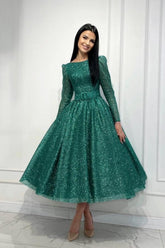 Glamorous Dark Green A-line Sequined Ankle Length Prom Evening Dresses with Long Sleeves