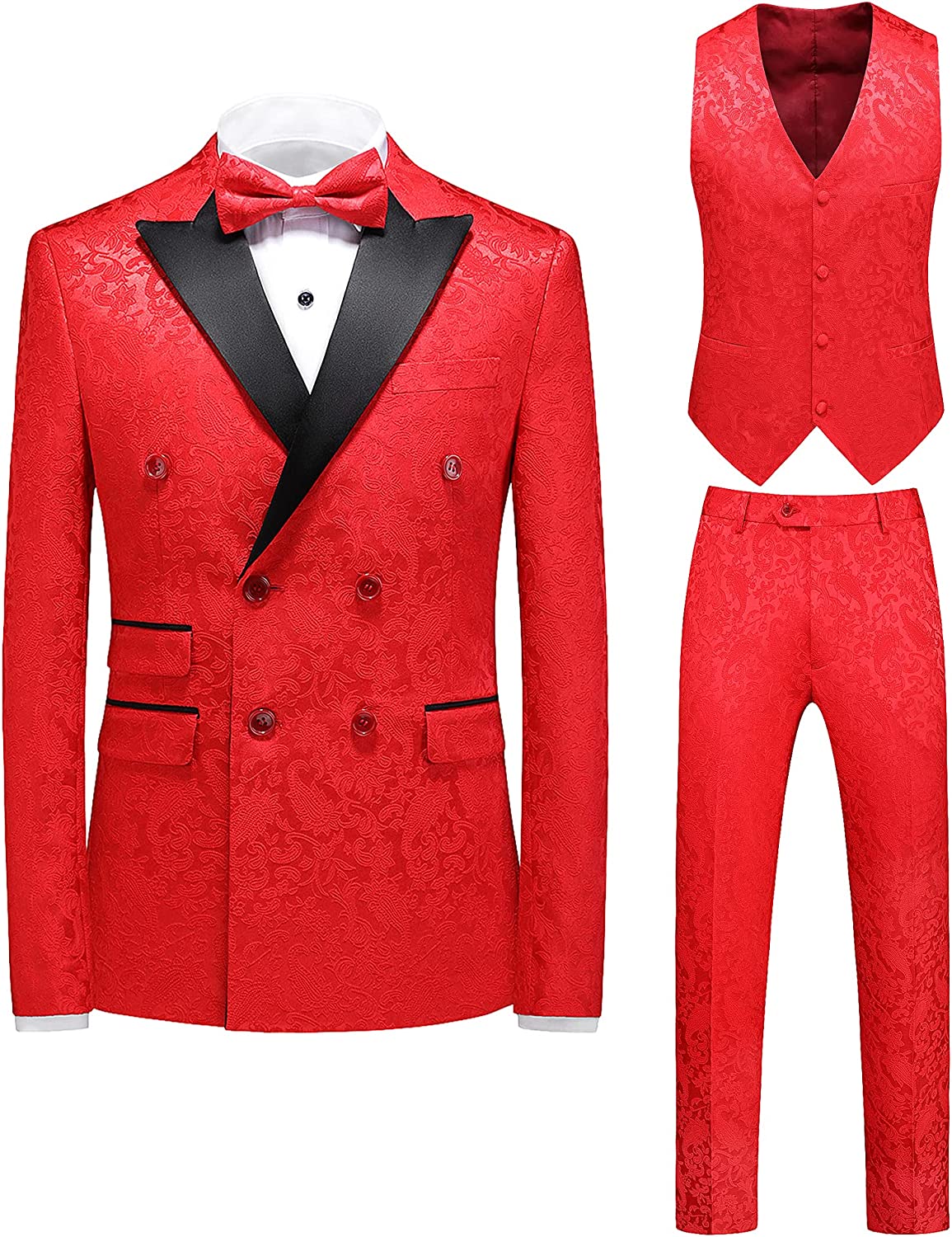 Glamorous Double-Breasted Red Jacquard Three-Piece Prom Suit