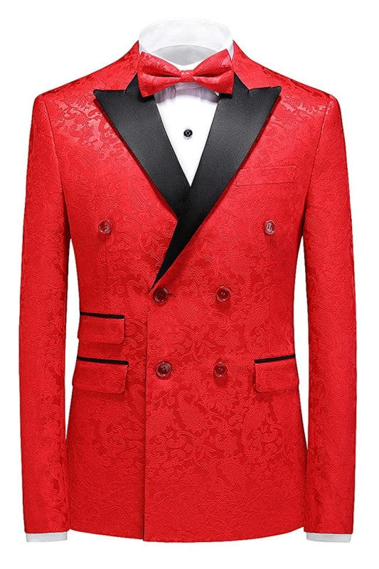 Glamorous Double-Breasted Red Jacquard Three-Piece Prom Suit