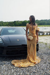 Gold v-neck beaded mermaid prom dress