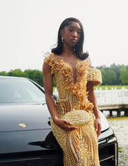 Glamorous Gold V-Neck Sleeveless Mermaid Prom Dress with Beadings and 3D Flowers