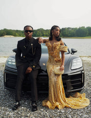 Glamorous Gold V-Neck Sleeveless Mermaid Prom Dress with Beadings and 3D Flowers