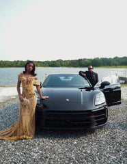 Glamorous Gold V-Neck Sleeveless Mermaid Prom Dress with Beadings and 3D Flowers