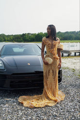 Glamorous Gold V-Neck Sleeveless Mermaid Prom Dress with Beadings and 3D Flowers