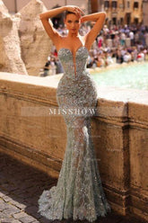 Glamorous Green Mermaid Sweetheart Sleeveless Beaded Long Lace Evening Dresses With Rhinestone