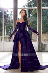 Glamorous Half Sleeves Ink Blue Formal Dress Strapless With High Split Gown
