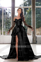 Glamorous Half Sleeves Ink Blue Formal Dress Strapless With High Split Gown