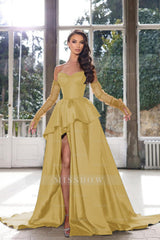 Glamorous Half Sleeves Ink Blue Formal Dress Strapless With High Split Gown