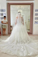 Glamorous Ivory Off-The-Shoulder Half Sleeve A-line Wedding Dress with Appliques and Chapel Train