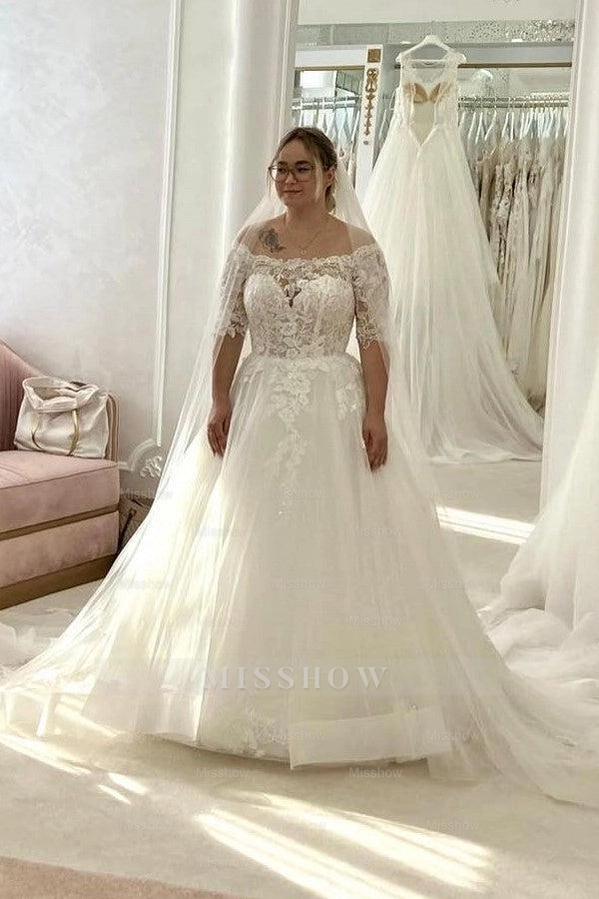Glamorous Ivory Off-The-Shoulder Half Sleeve A-line Wedding Dress with Appliques and Chapel Train