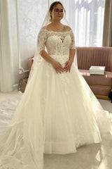 Glamorous Ivory Off-The-Shoulder Half Sleeve A-line Wedding Dress with Appliques and Chapel Train