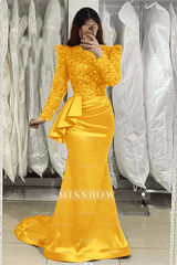 Glamorous Lavender Long Mermaid High Neck Beading Prom Dress With Long Sleeves