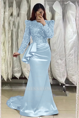 Glamorous Lavender Long Mermaid High Neck Beading Prom Dress With Long Sleeves