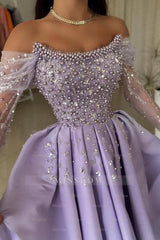 Glamorous Lilac Strapless A-Line One-shoulder Illusion Sleeve Beaded Satin Prom Evening Dresses With Pearls And Rhinestones