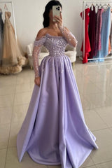 Glamorous Lilac Strapless A-Line One-shoulder Illusion Sleeve Beaded Satin Prom Evening Dresses With Pearls And Rhinestones