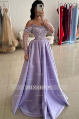 Glamorous Lilac Strapless A-Line One-shoulder Illusion Sleeve Beaded Satin Prom Evening Dresses With Pearls And Rhinestones
