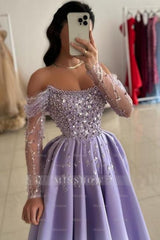 Glamorous Lilac Strapless A-Line One-shoulder Illusion Sleeve Beaded Satin Prom Evening Dresses With Pearls And Rhinestones