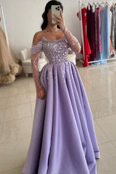 Glamorous Lilac Strapless A-Line One-shoulder Illusion Sleeve Beaded Satin Prom Evening Dresses With Pearls And Rhinestones